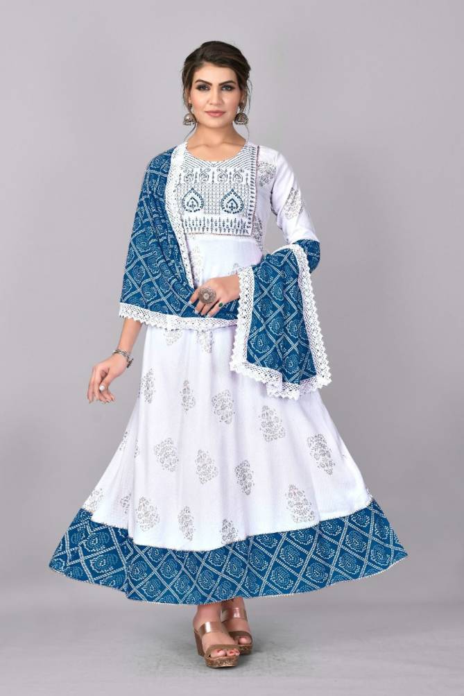 White Feather 1001 Designer Fancy Ethnic Wear Rayon Kurti With Dupatta Collection